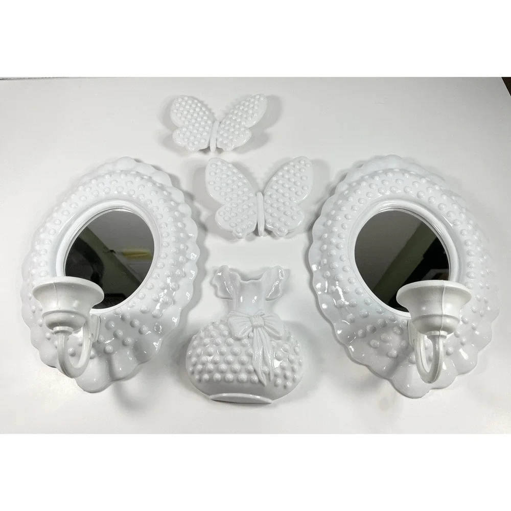 Vtg 1984 Burwood Hobnail Plastic Mirror‎ Wall Sconces Candle Holders Set Of 5